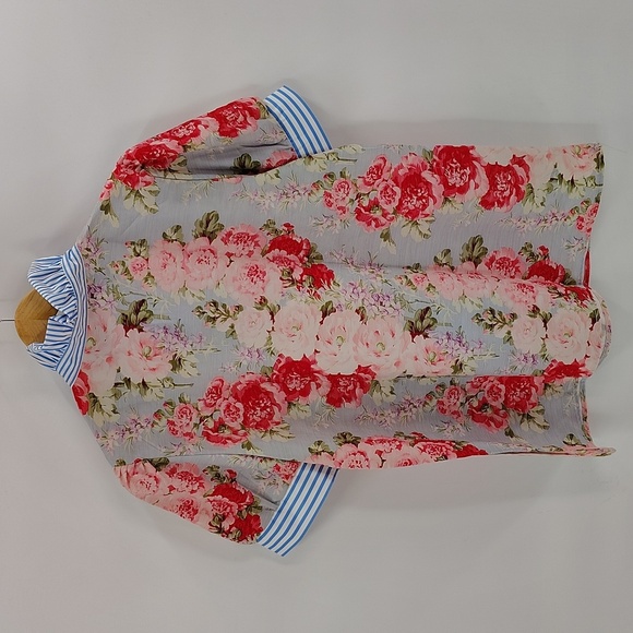 Floral Shirt Sleeve Blouse Size Large Mix Material Stripe Collar And Sleeve - Picture 3 of 5